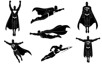 Superman in various flying poses silhouette vector illustration isolated on white background