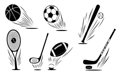 Vector illustration of sports equipment and balls in motion isolated on white background