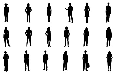 Verzameling van silhouetten van verschillende personen in diverse poses, geïsoleerd op een witte achtergrond.