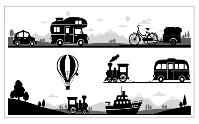 Zwarte silhouetten van transportvoertuigen in vectorillustratie, geïsoleerd op een witte achtergrond.