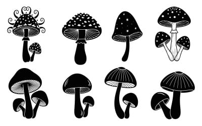 Black and white vector illustration of various mushroom designs isolated on white background