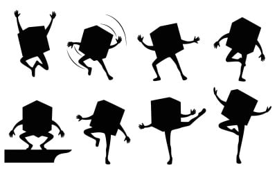Black cube character dancing various poses silhouette vector isolated on white background