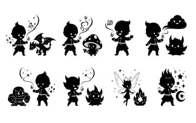 Black silhouette cartoon characters interacting with fantasy creatures isolated on white background