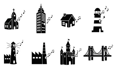 Black silhouette cityscape buildings with musical notes vector isolated on white background