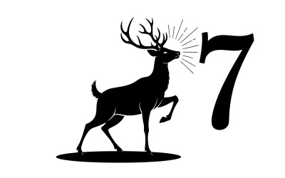 Black silhouette of a deer with antlers and number 7 in minimalist isolated on white background