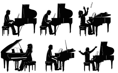 Black silhouette of people playing piano in various poses vector isolated on white background