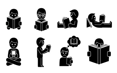 Black silhouette of people reading books in various poses vector isolated on white background