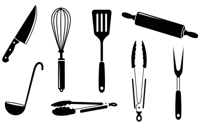 Black silhouette of various kitchen utensils on vector illustration isolated on white background