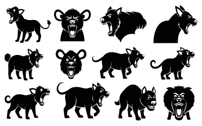 Black silhouette of various snarling dog breeds and wolf headshots isolated on white background