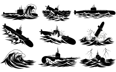 Black silhouette submarines in various ocean wave actions vector isolated on white background