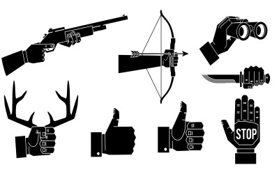 Black silhouette vector illustration of various hunting icons and hand isolated on white background