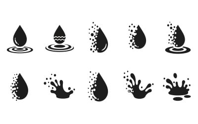 Black silhouette water drop icons with various splash effects vector isolated on white background