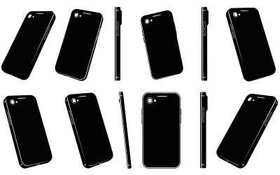 Black smartphone silhouettes in various orientations isolated on white background