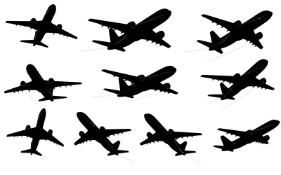 Collection of airplane silhouettes in various flying positions vector isolated on white background