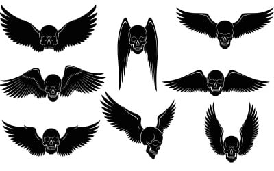Collection of black silhouette skulls with wings, vector illustration isolated on white background