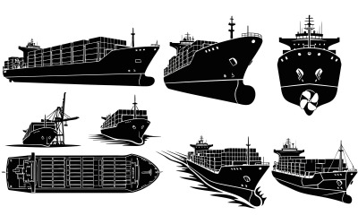 Collection of cargo ship silhouettes in various views and actions isolated on white background