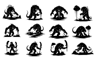 Collection of monster silhouettes in various poses and actions isolated on white background