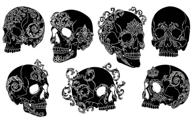 Collection of ornate black skulls with floral designs in vector isolated on white background