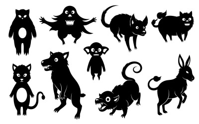 Collection of various monster silhouettes in flat vector illustration isolated on white background