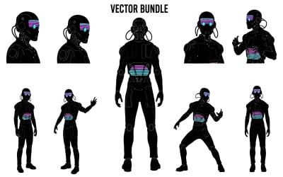 Cyberpunk character silhouette vector illustration bundle with neon isolated on white background