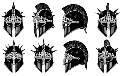 Eight black and white vector gladiator helmets with spikes and isolated on white background