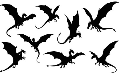 Eight black dragon silhouettes flying isolated on white background