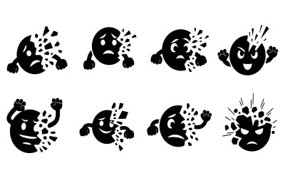 Eight black emoticon faces in comic explosion vector illustration isolated on white background