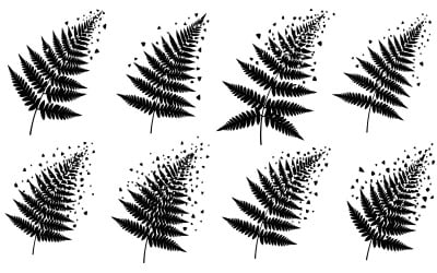 Eight black fern leaf silhouettes with particles on vector illustration isolated on white background