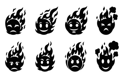Eight black flame emojis with various facial expressions on , vector isolated on white background
