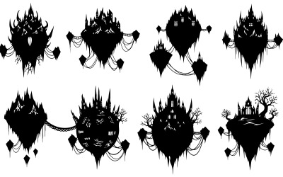 Eight black heart-shaped fantasy castle silhouettes isolated on white background