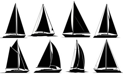 Eight black sailboat silhouettes in various orientations on , vector isolated on white background