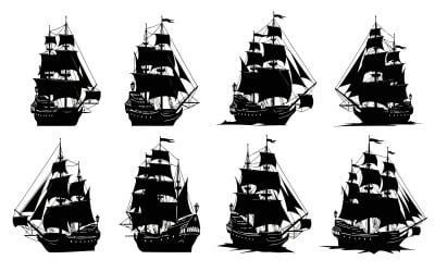 Eight Black Sailing Ships Silhouettes on Vector Illustration isolated on white background