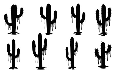 Eight Black Silhouette Cacti in Various Shapes on Vector Illustration isolated on white background