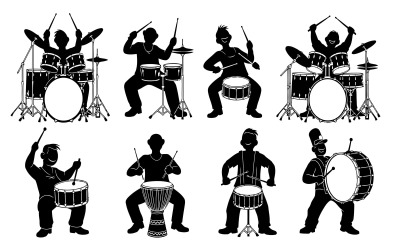 Eight black silhouette drummers playing different drums with sticks on isolated on white background