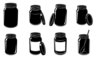 Eight black silhouette jars with lids and spoon on Vector illustration isolated on white background
