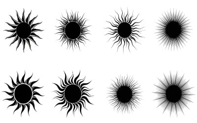 Eight black silhouette sun symbols in various vector styles isolated on white background