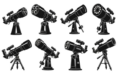 Eight black silhouette telescopes on , vector illustration isolated on white background