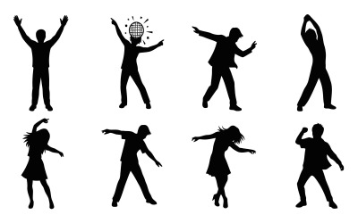 Eight black silhouettes of people dancing isolated on white background