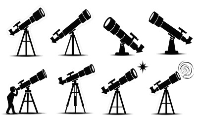 Eight black silhouettes of telescopes on stands pointing at stars and isolated on white background