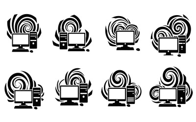 Eight black vector computer icons with swirling design elements isolated on white background