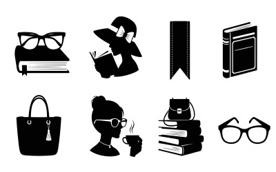 Ícones minimalistas em silhueta de leitura e acessórios isolados em fundo branco.