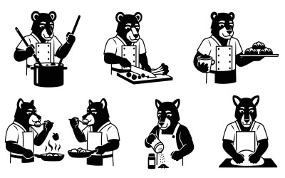 Illustrazione vettoriale di un orso chef che cucina in diverse scene isolate su sfondo bianco