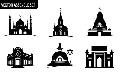 Ilustración vectorial de seis siluetas de edificios religiosos aislados sobre fondo blanco