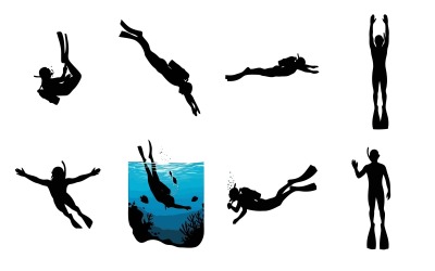 Scuba divers in various poses silhouette vector illustration isolated on white background