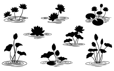 Set of black silhouette lotus flowers and leaves on water vector isolated on white background