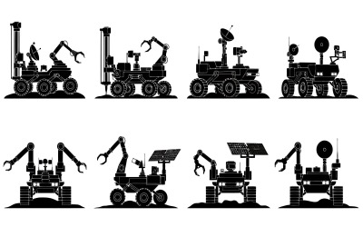 Set of robotic Mars rover vehicles in silhouette on Vector illustration isolated on white background