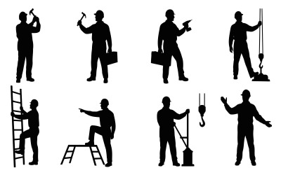 Set of worker silhouettes in various actions isolated on white background