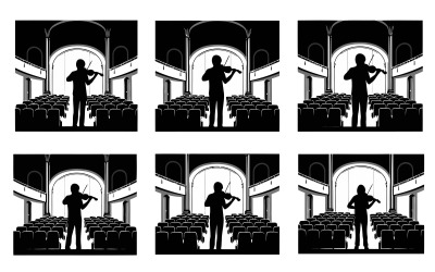 Silhouet van een violist die speelt in een lege concertzaal. Vector geïsoleerd op een witte achtergrond.