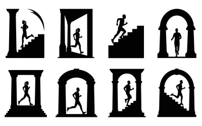 Silhouette of a person running through various architectural doorways isolated on white background