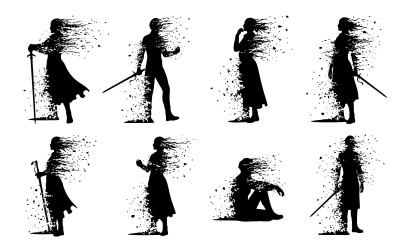 Silhouette of people in various poses with swords and canes isolated on white background